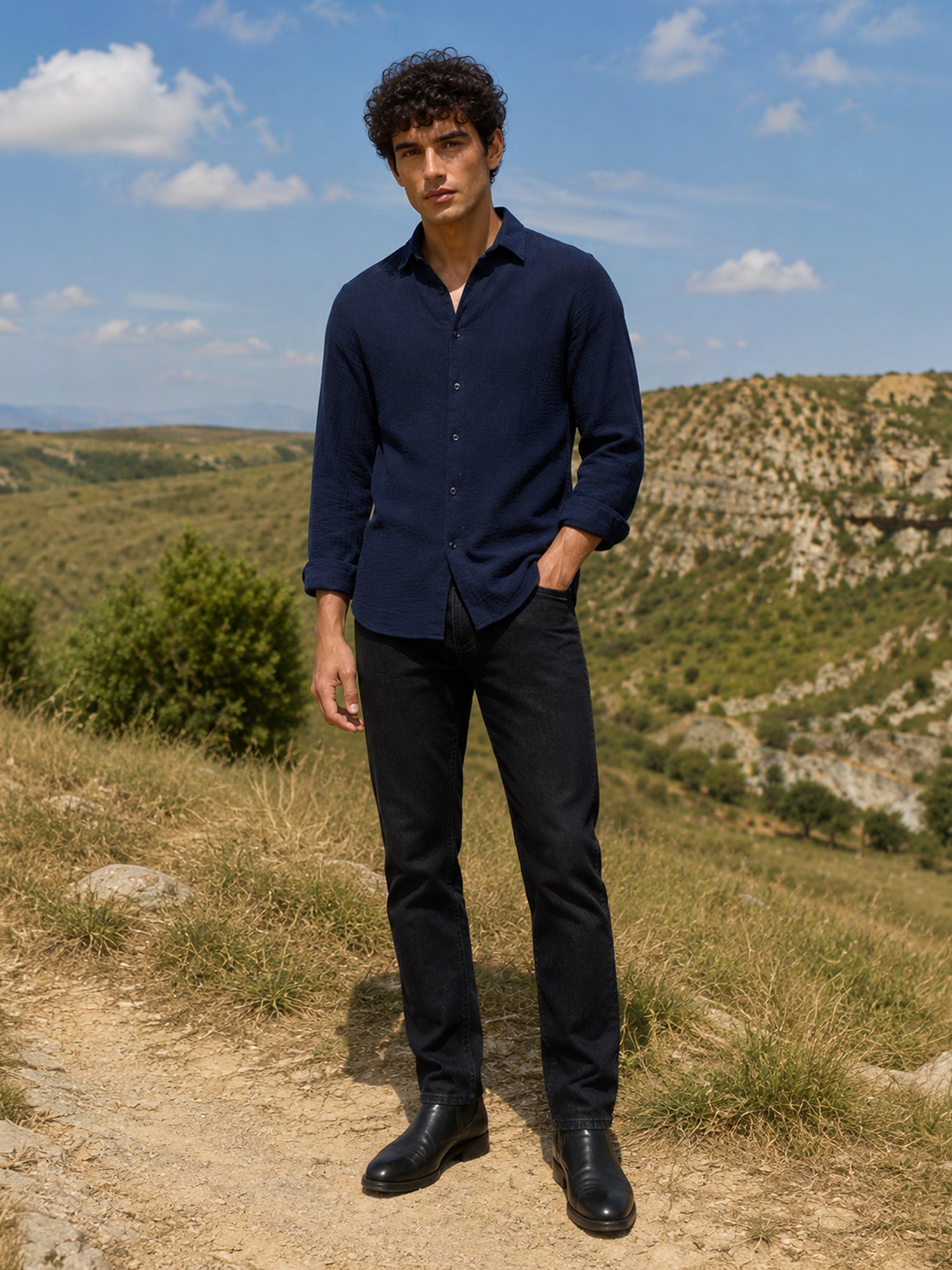 Men Navy Blue Solid Full Sleeve Casual Shirt