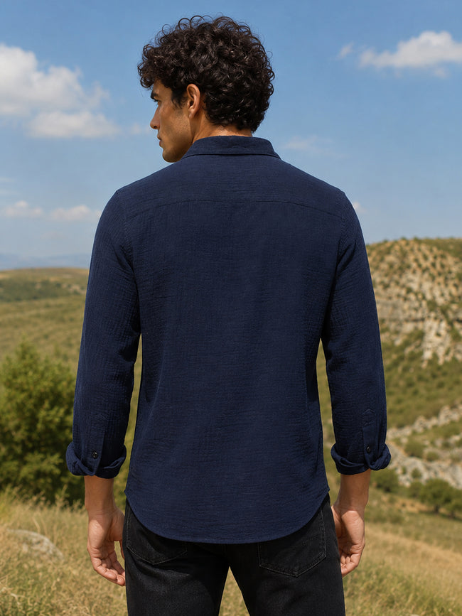 Men Navy Blue Solid Full Sleeve Casual Shirt