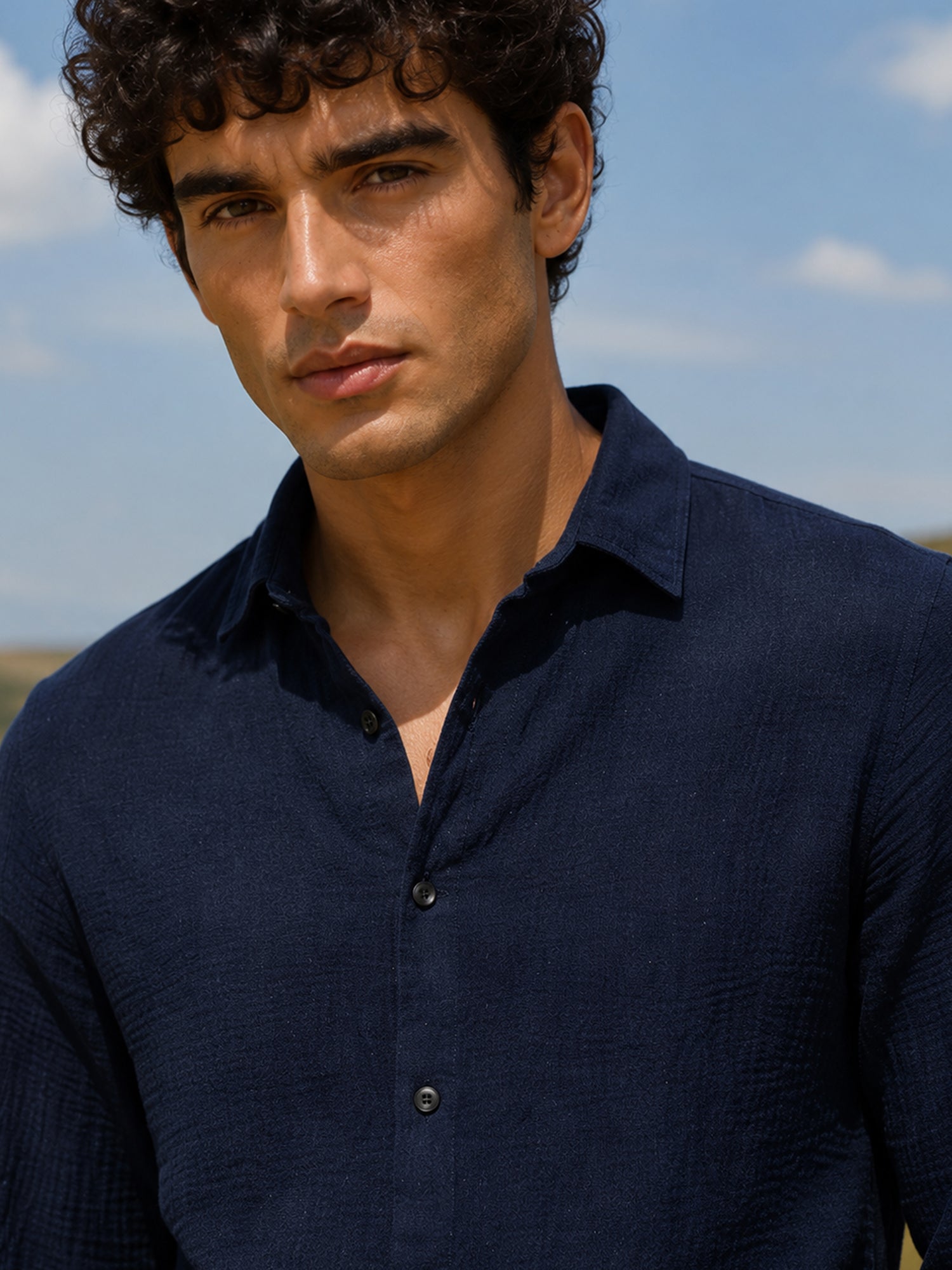 Men Navy Blue Solid Full Sleeve Casual Shirt