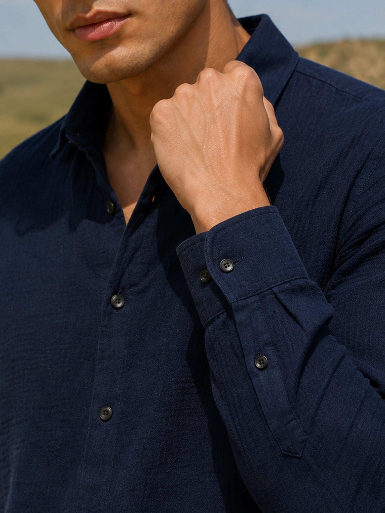 Men Navy Blue Solid Full Sleeve Casual Shirt