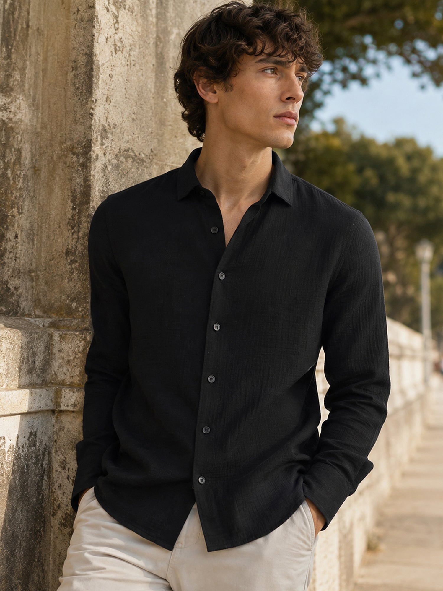 Men Black Solid Full Sleeve Casual Shirt