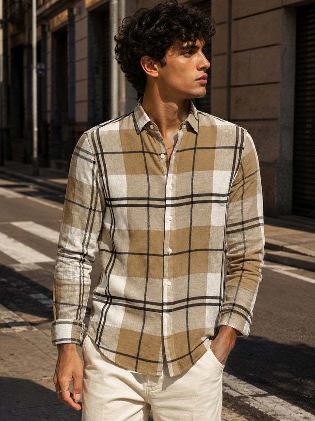 Men Beige Classic Tartan Check Full Sleeve Casual Shirt