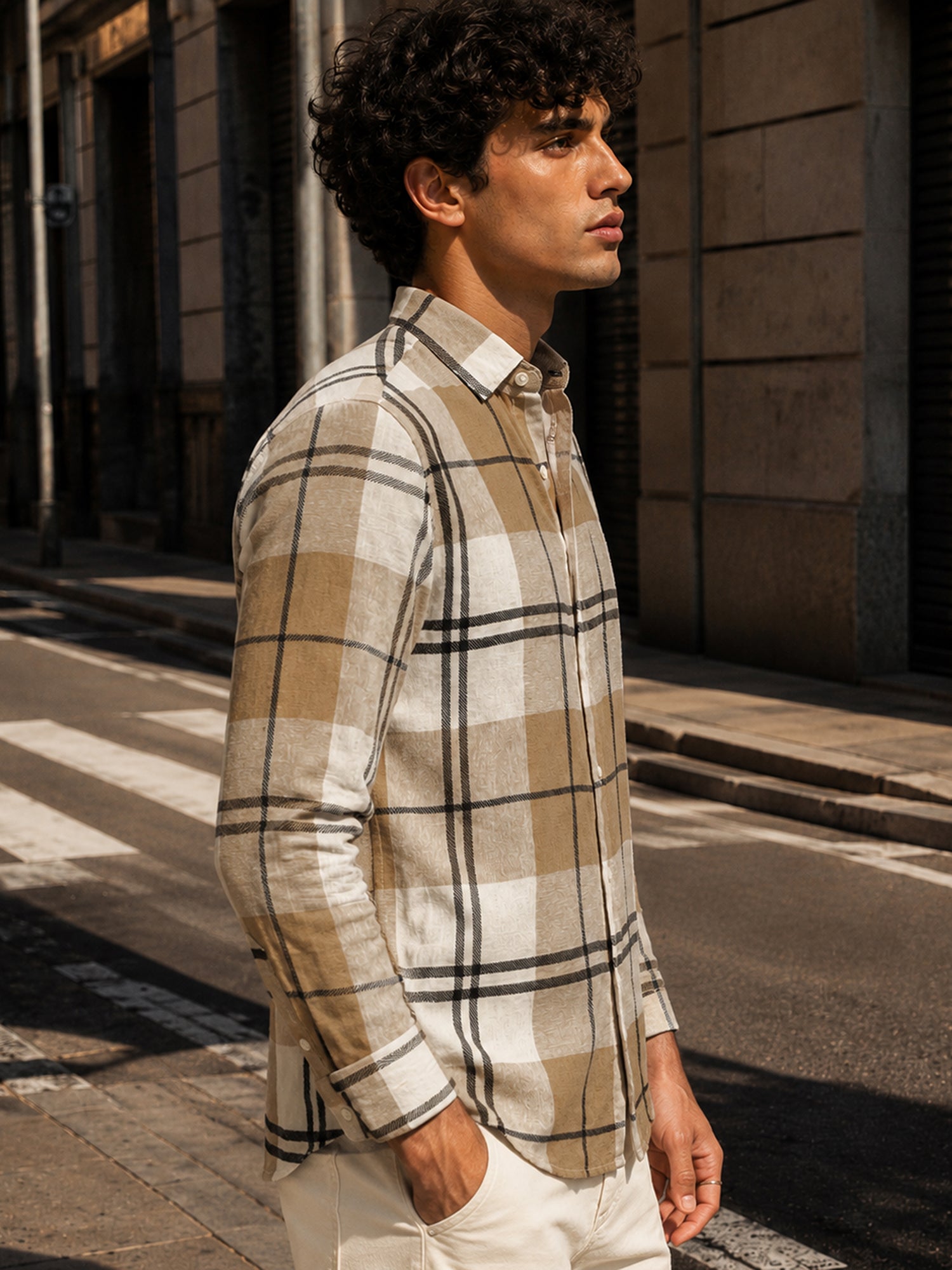 Men Beige Classic Tartan Check Full Sleeve Casual Shirt