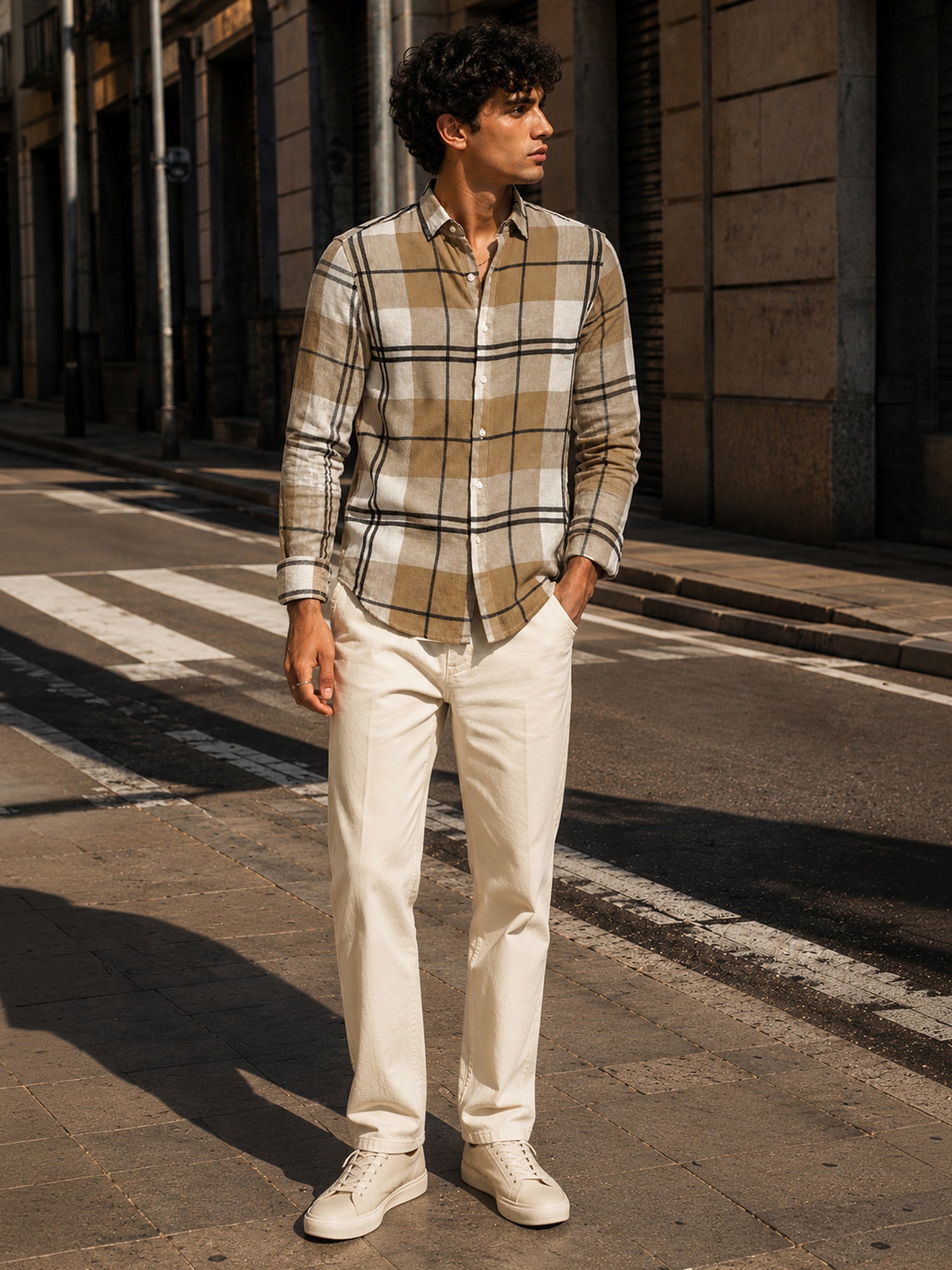 Men Beige Classic Tartan Check Full Sleeve Casual Shirt