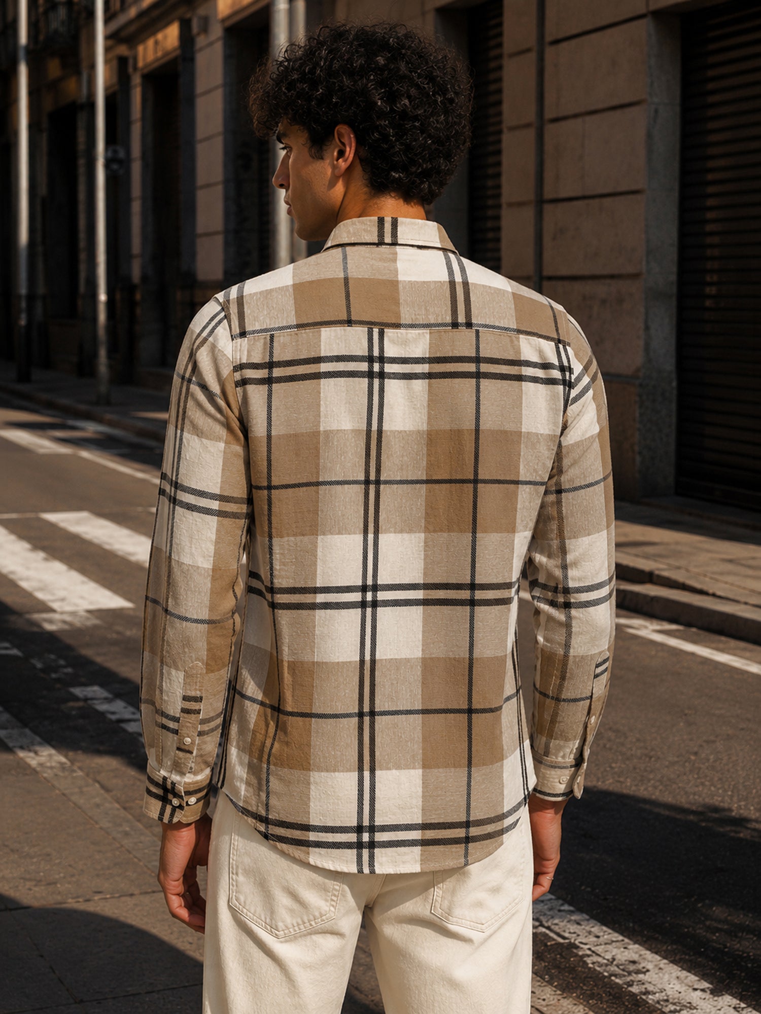 Men Beige Classic Tartan Check Full Sleeve Casual Shirt