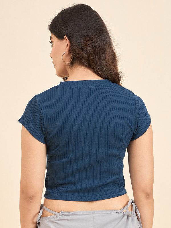 Women Blue Short Sleeve Tank Top