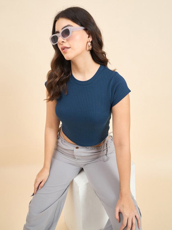 Women Blue Short Sleeve Tank Top