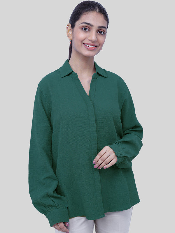 Women Teal Green Crepe Collar Shirt