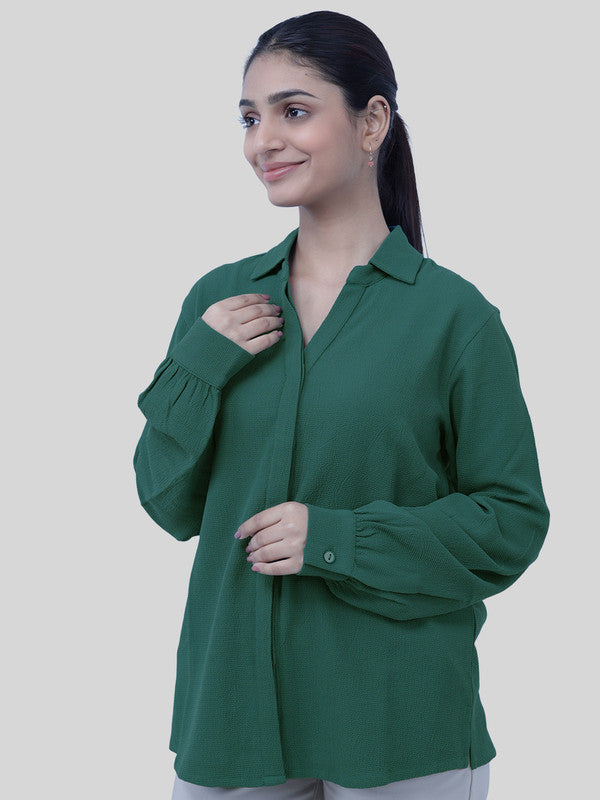 Women Teal Green Crepe Collar Shirt