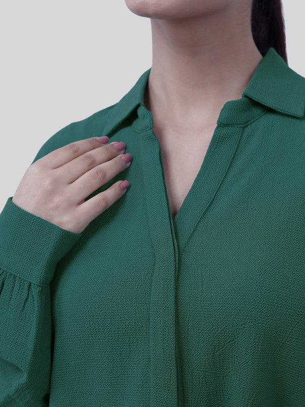 Women Teal Green Crepe Collar Shirt