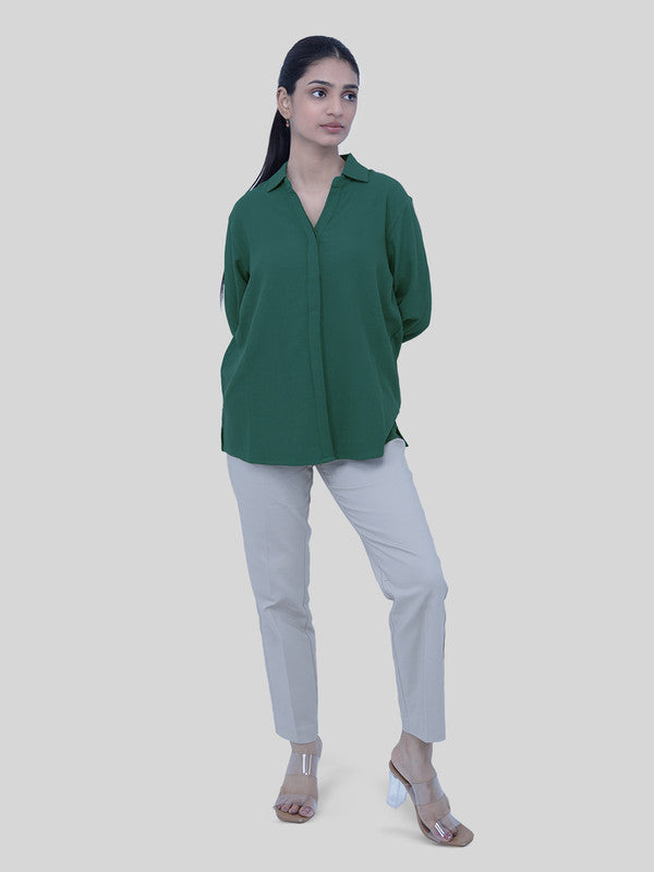 Women Teal Green Crepe Collar Shirt