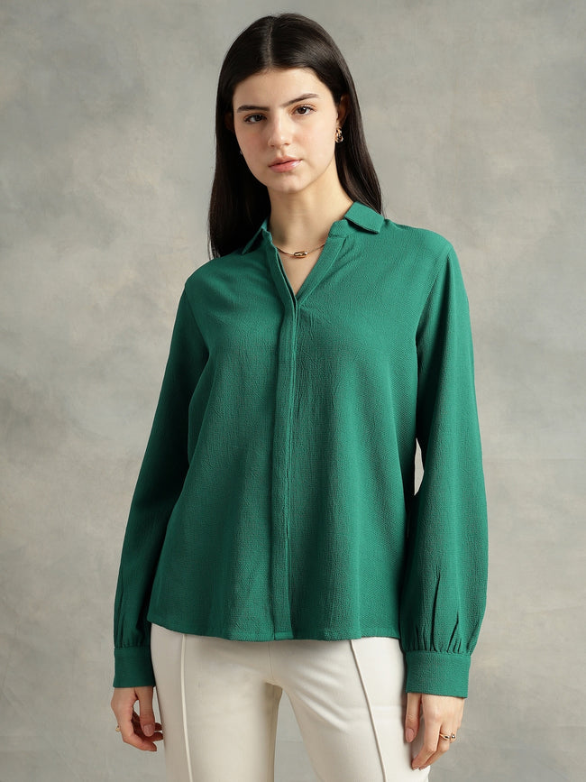Women Teal Green Crepe Collar Shirt