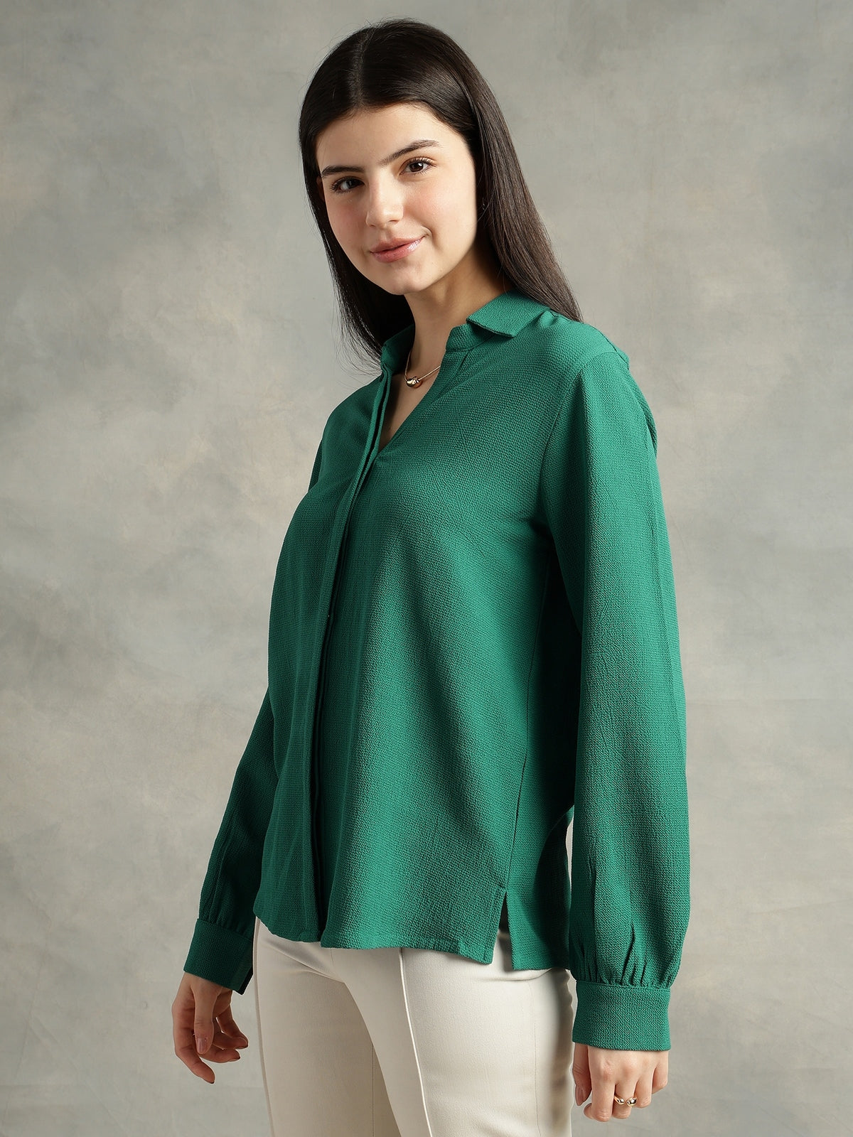 Women Teal Green Crepe Collar Shirt