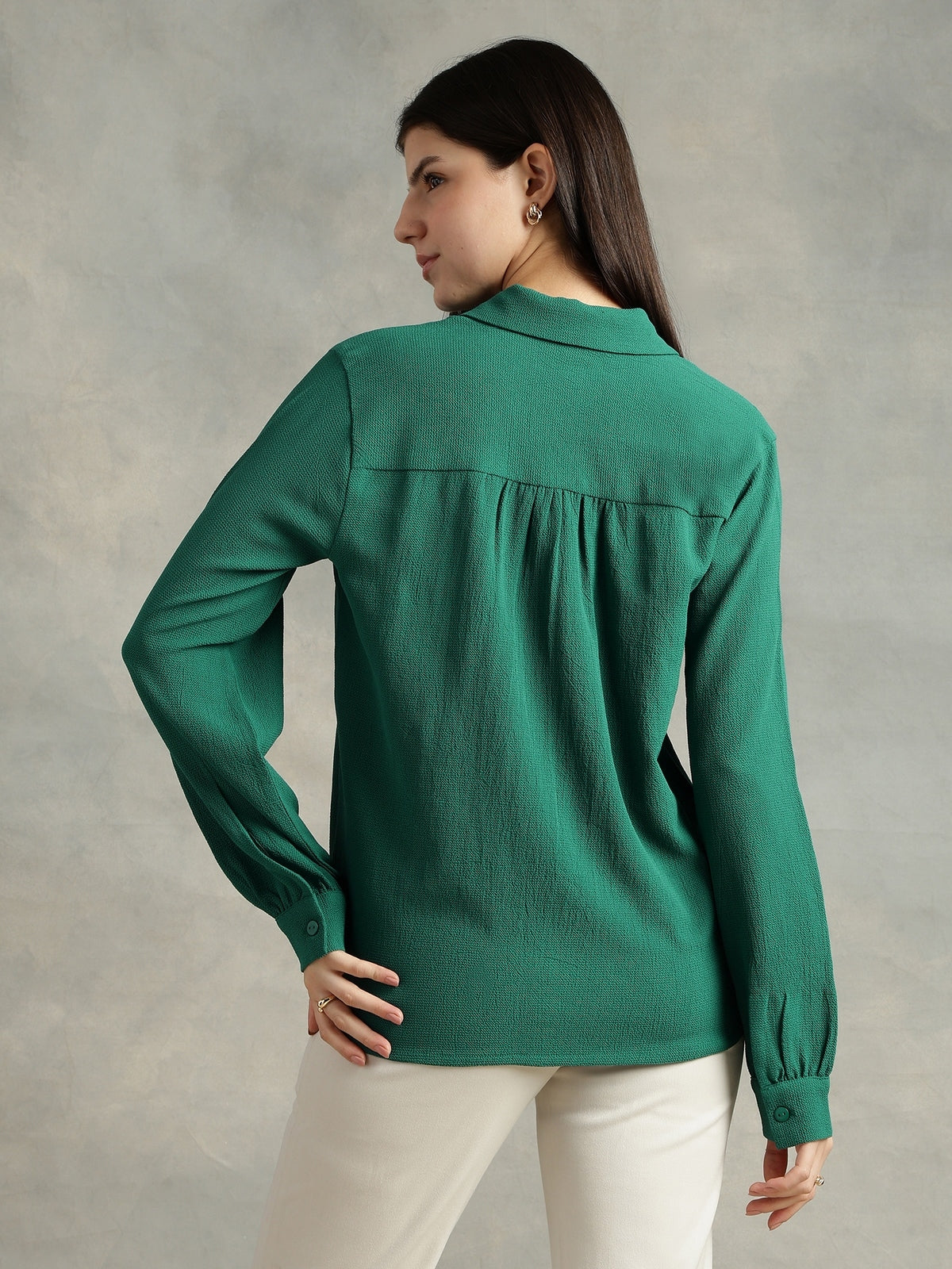 Women Teal Green Crepe Collar Shirt