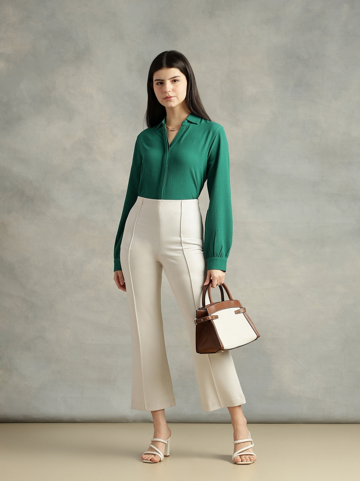 Women Teal Green Crepe Collar Shirt