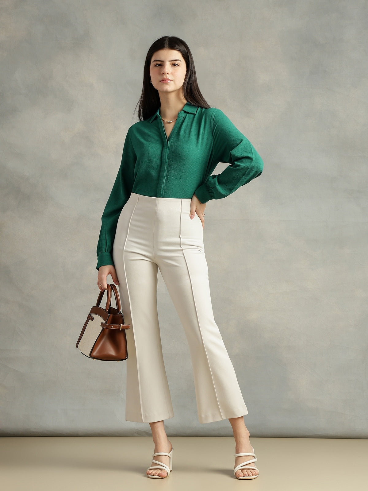 Women Teal Green Crepe Collar Shirt