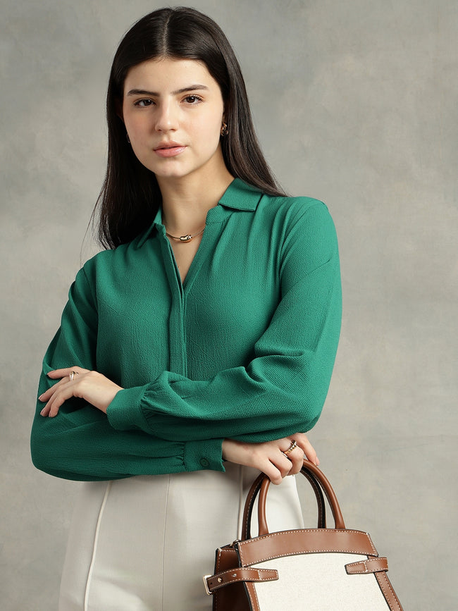 Women Teal Green Crepe Collar Shirt