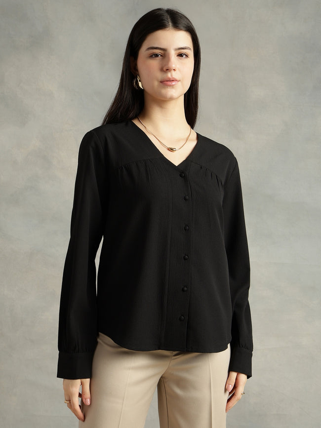 Women Black Polyester V-Neck Top