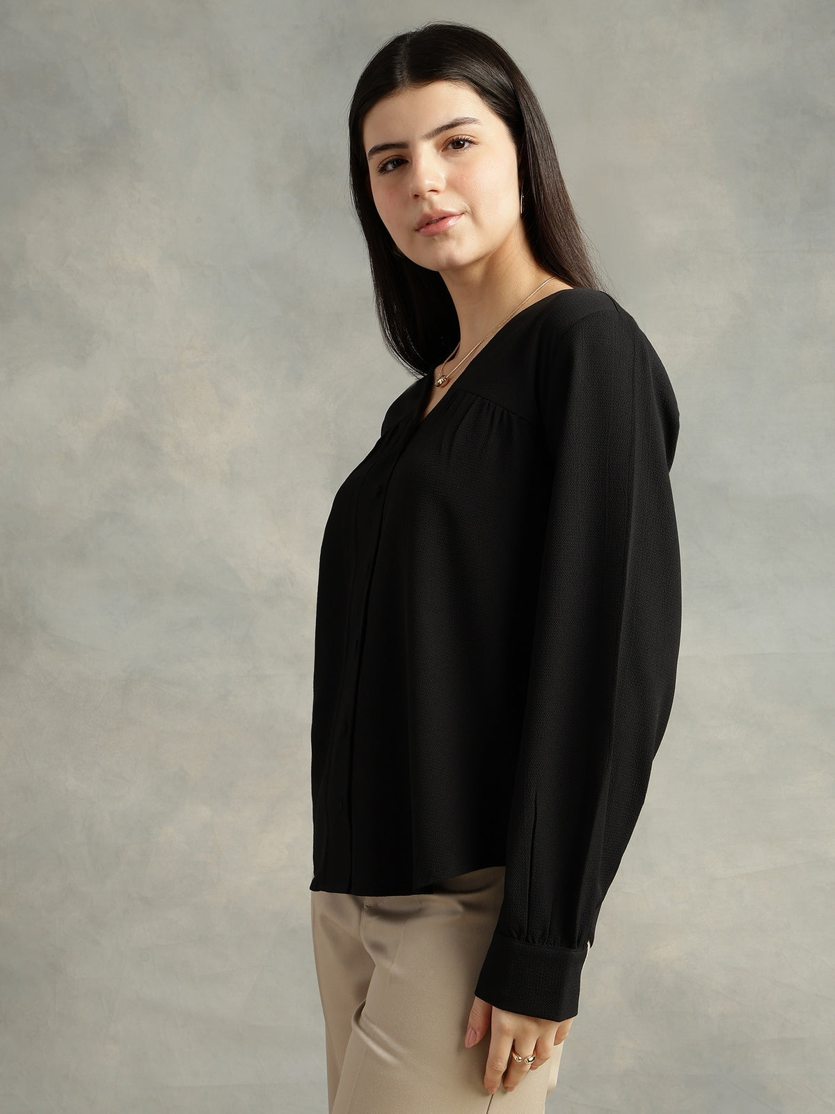 Women Black Polyester V-Neck Top