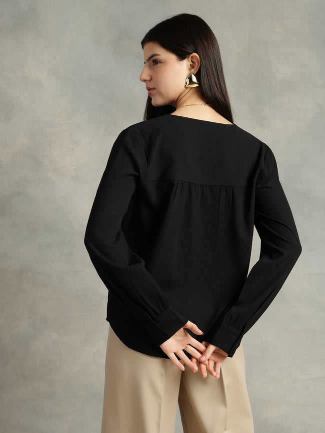 Women Black Polyester V-Neck Top