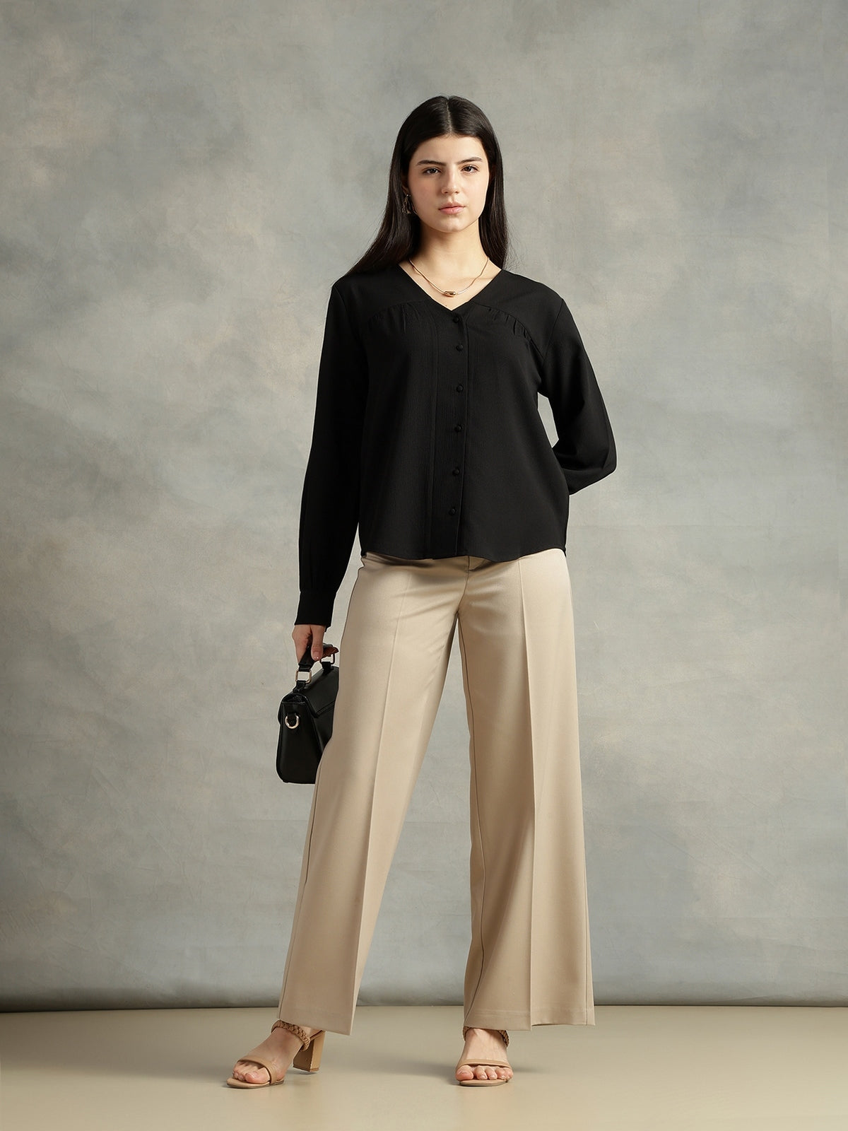 Women Black Polyester V-Neck Top