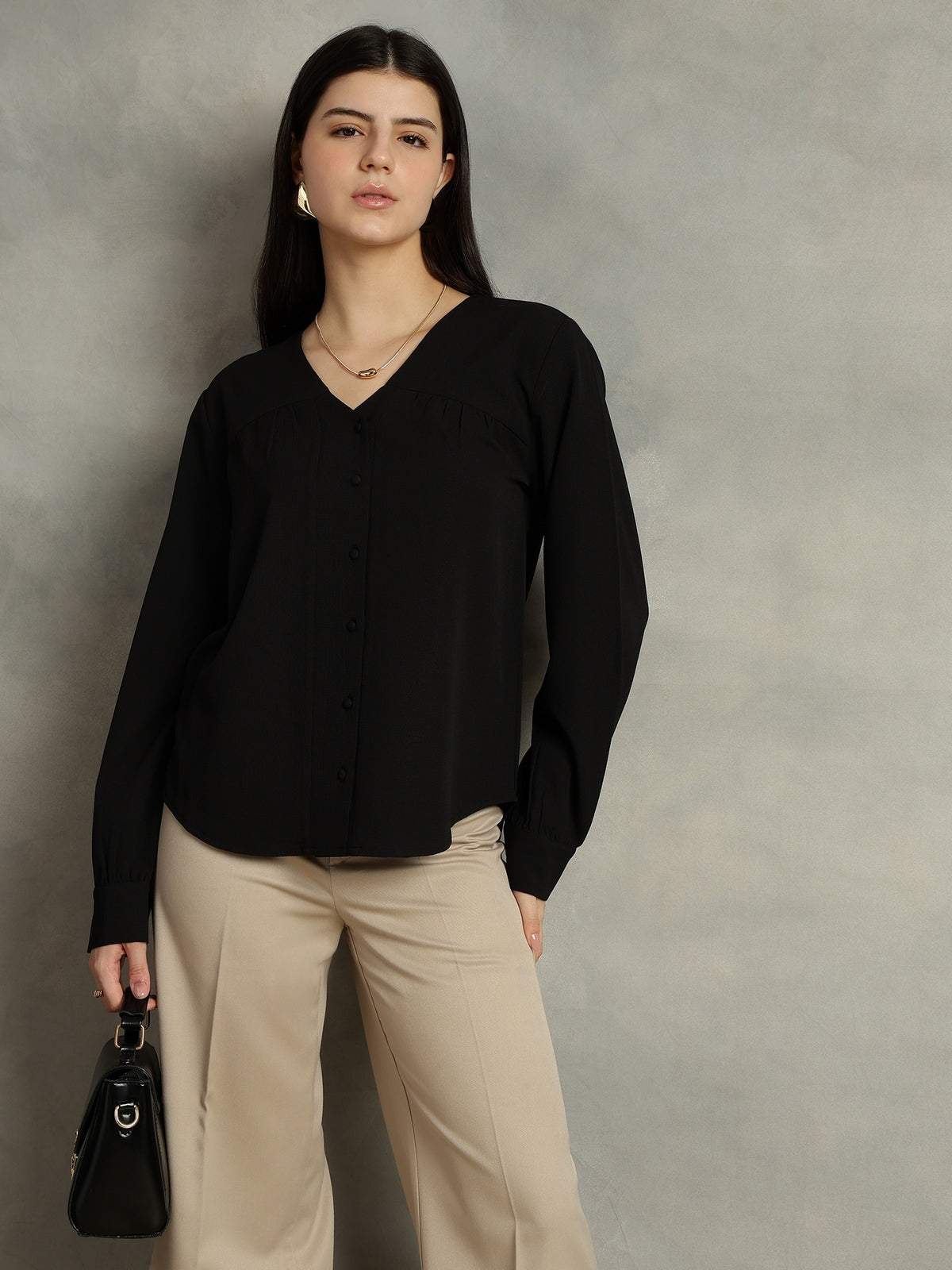Women Black Polyester V-Neck Top