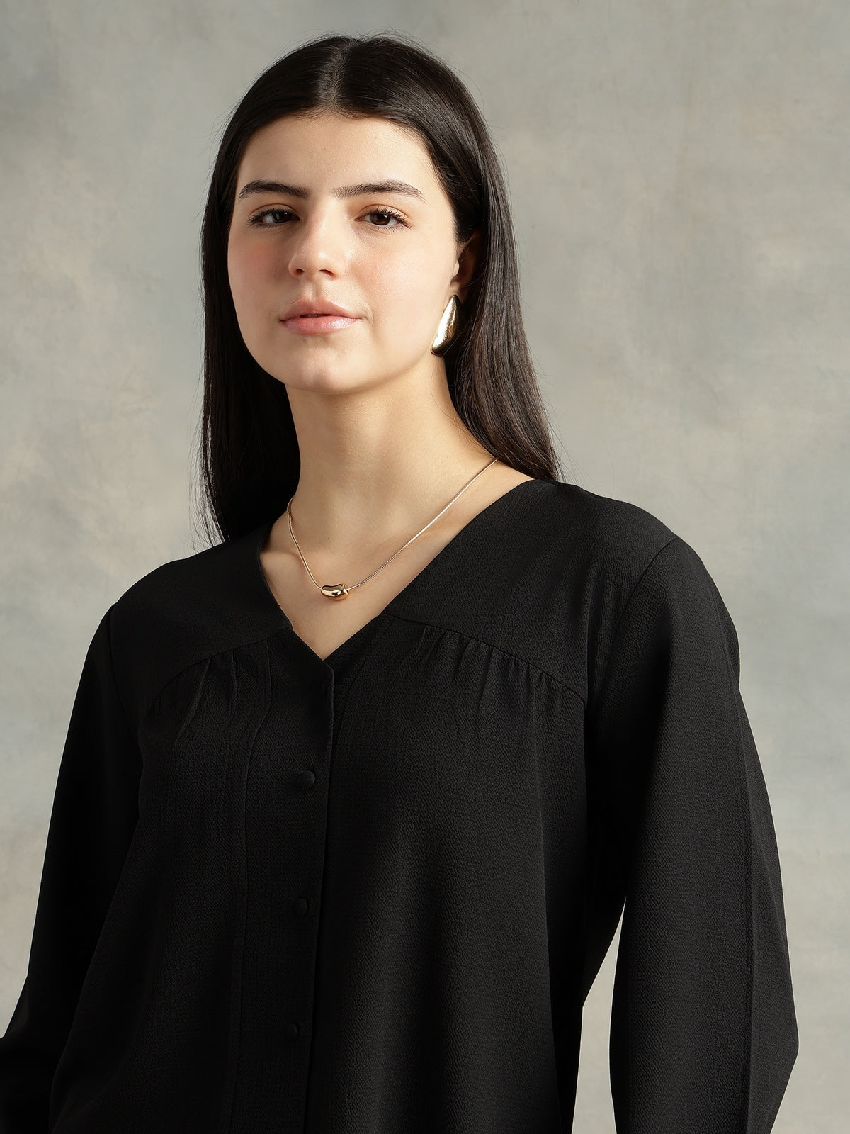 Women Black Polyester V-Neck Top