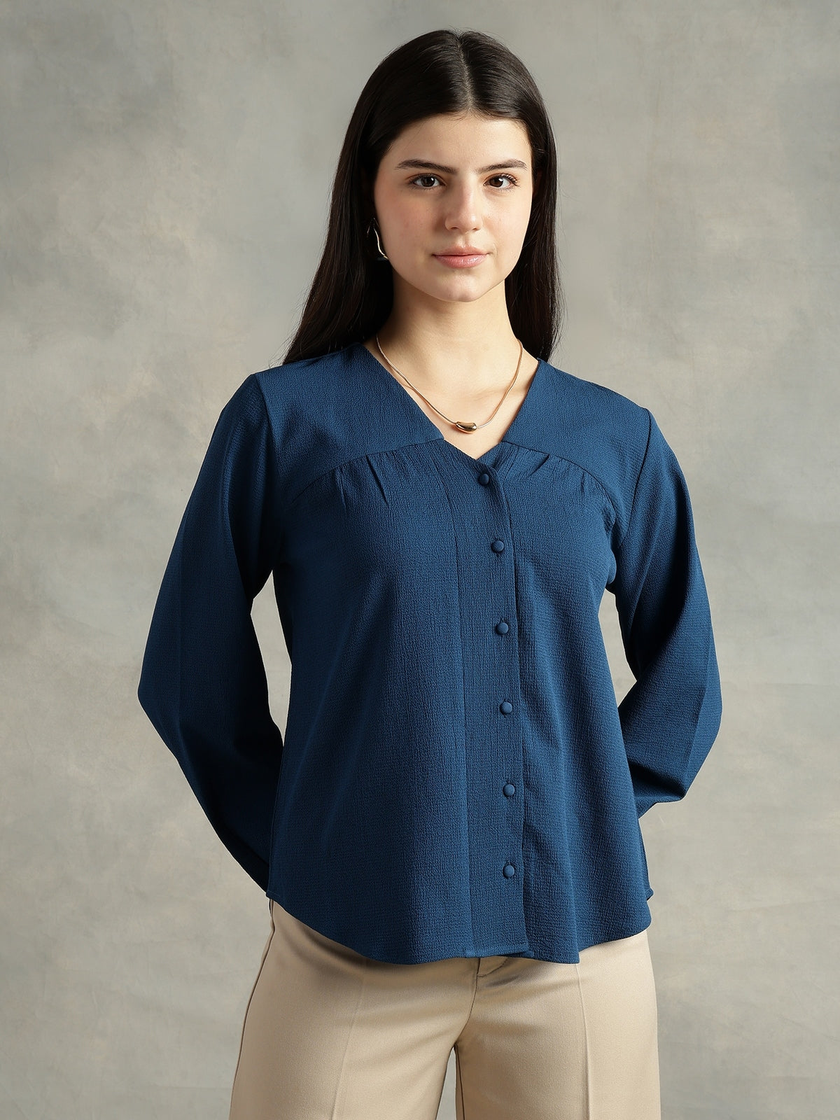 Women Blue Polyester V-Neck Top