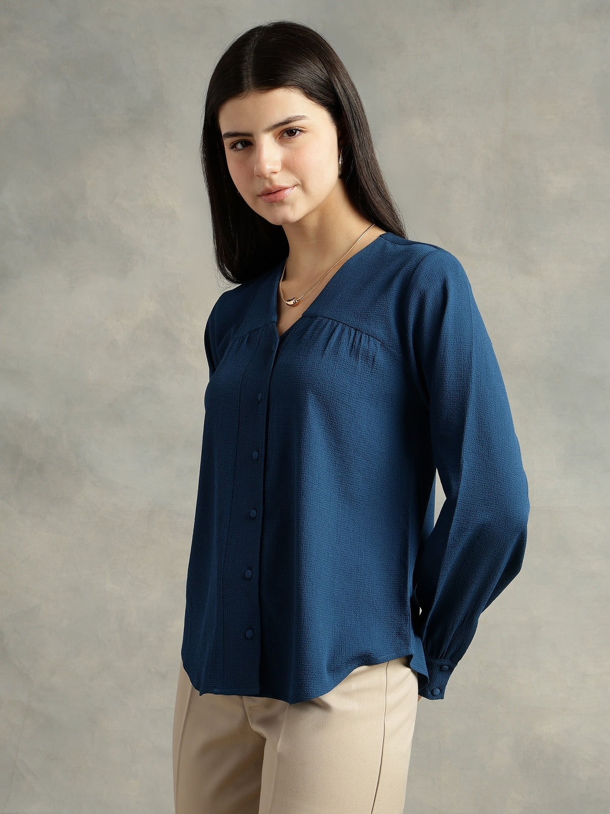 Women Blue Polyester V-Neck Top