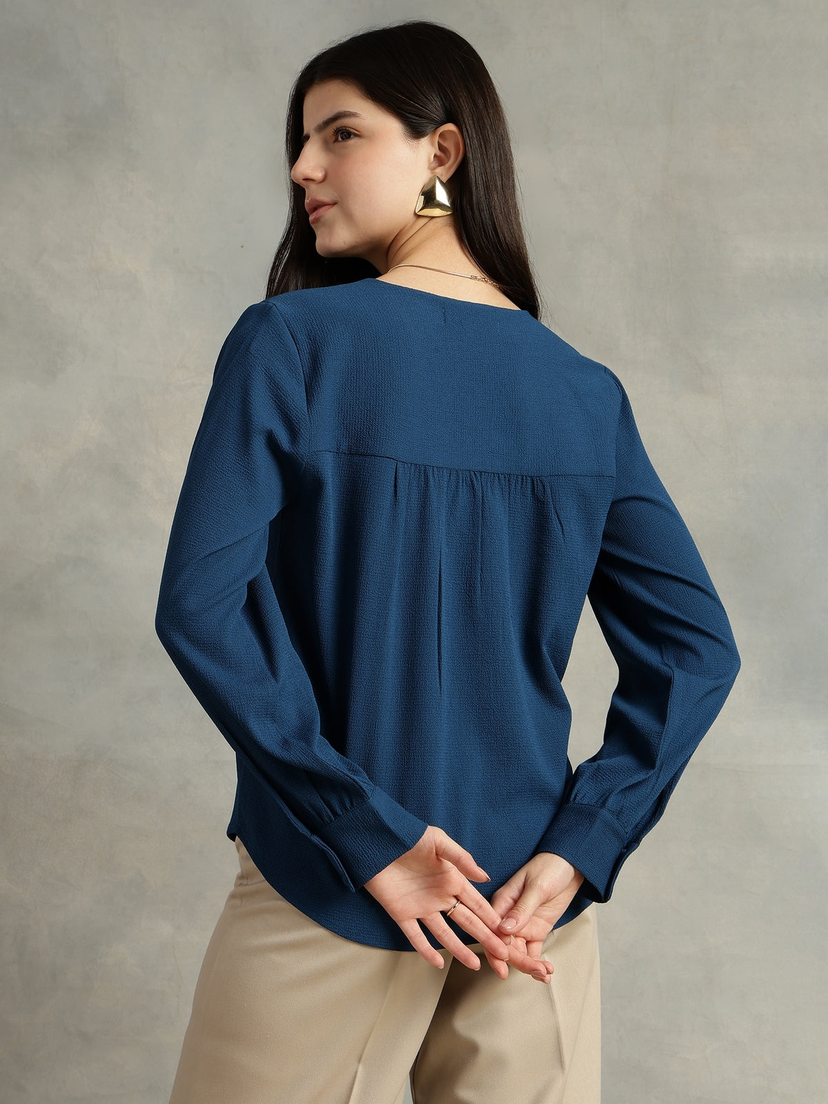 Women Blue Polyester V-Neck Top