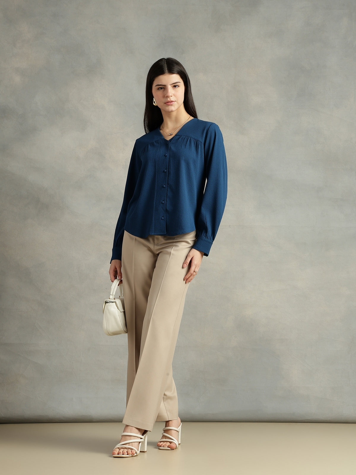 Women Blue Polyester V-Neck Top
