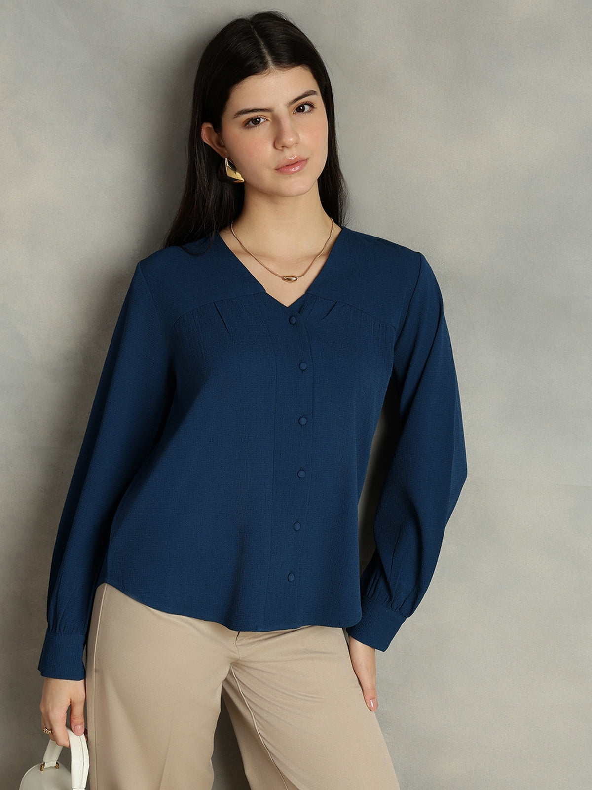 Women Blue Polyester V-Neck Top