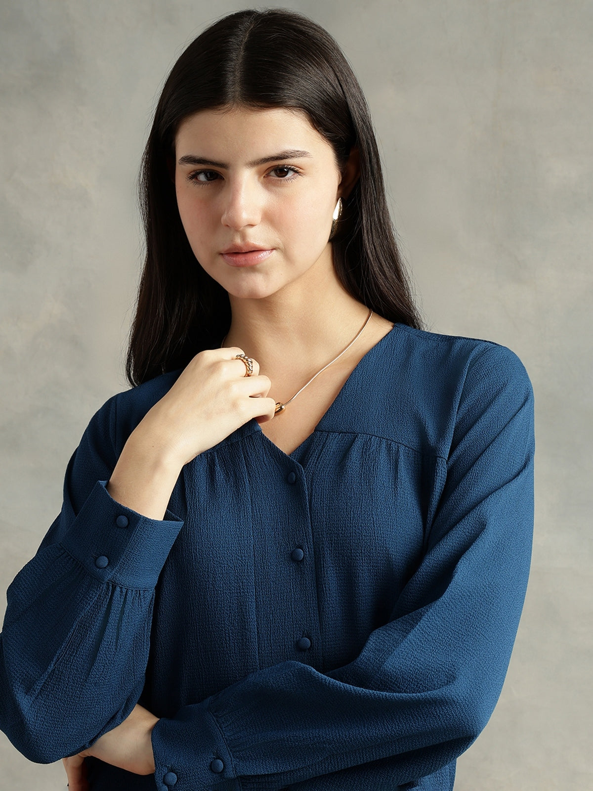 Women Blue Polyester V-Neck Top