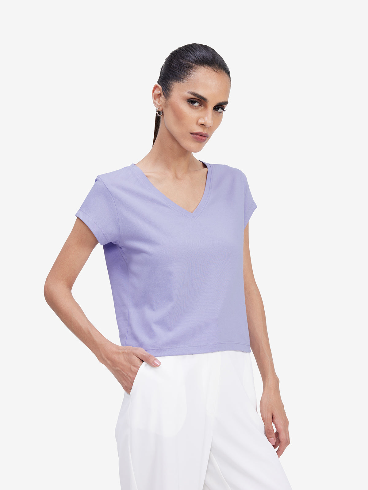 Women Lavender V-Neck T-shirt
