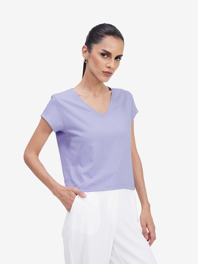 Women Lavender V-Neck T-shirt