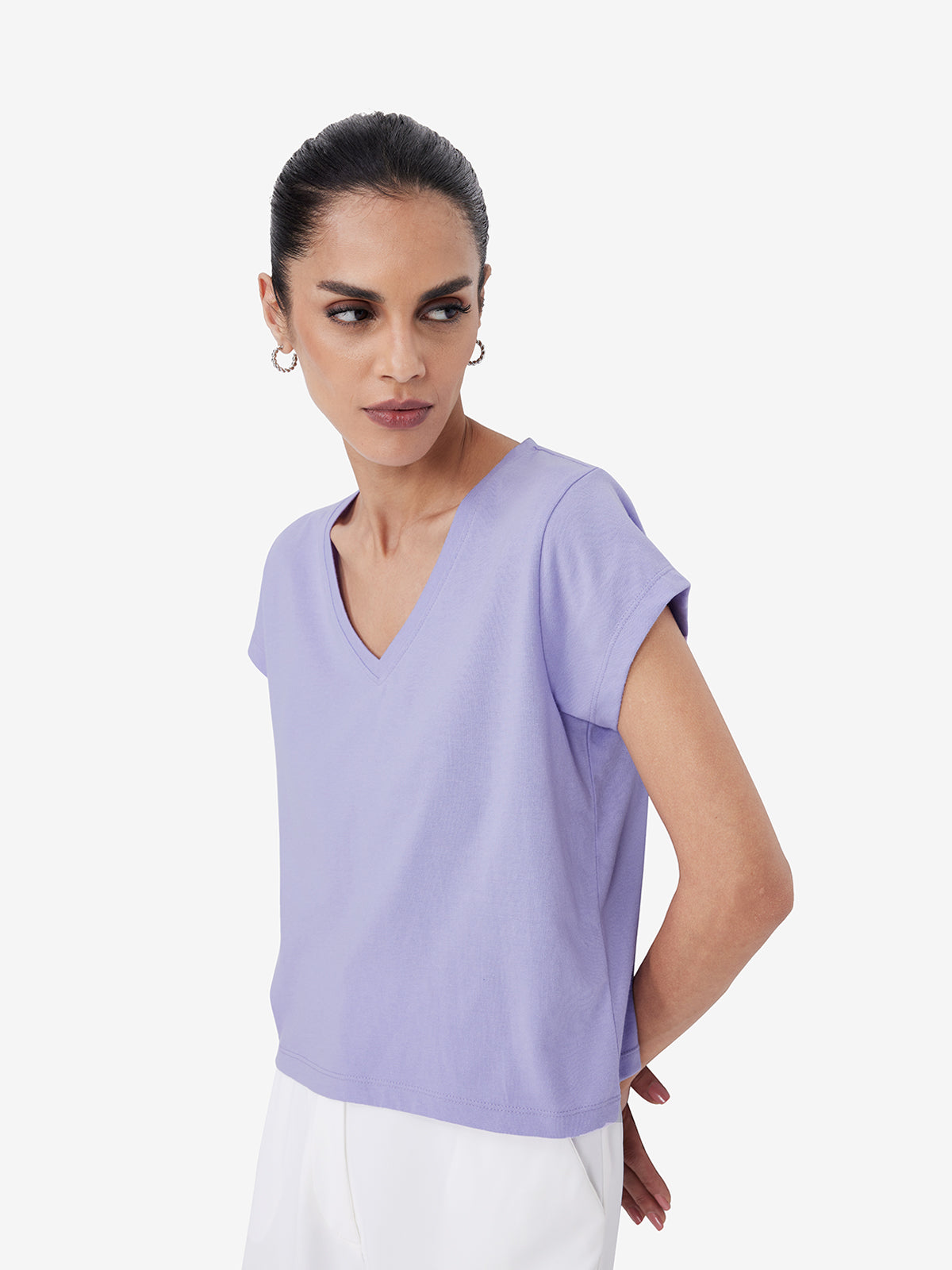 Women Lavender V-Neck T-shirt