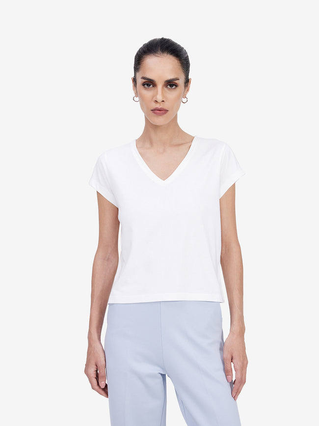 Women White V-Neck T-shirt
