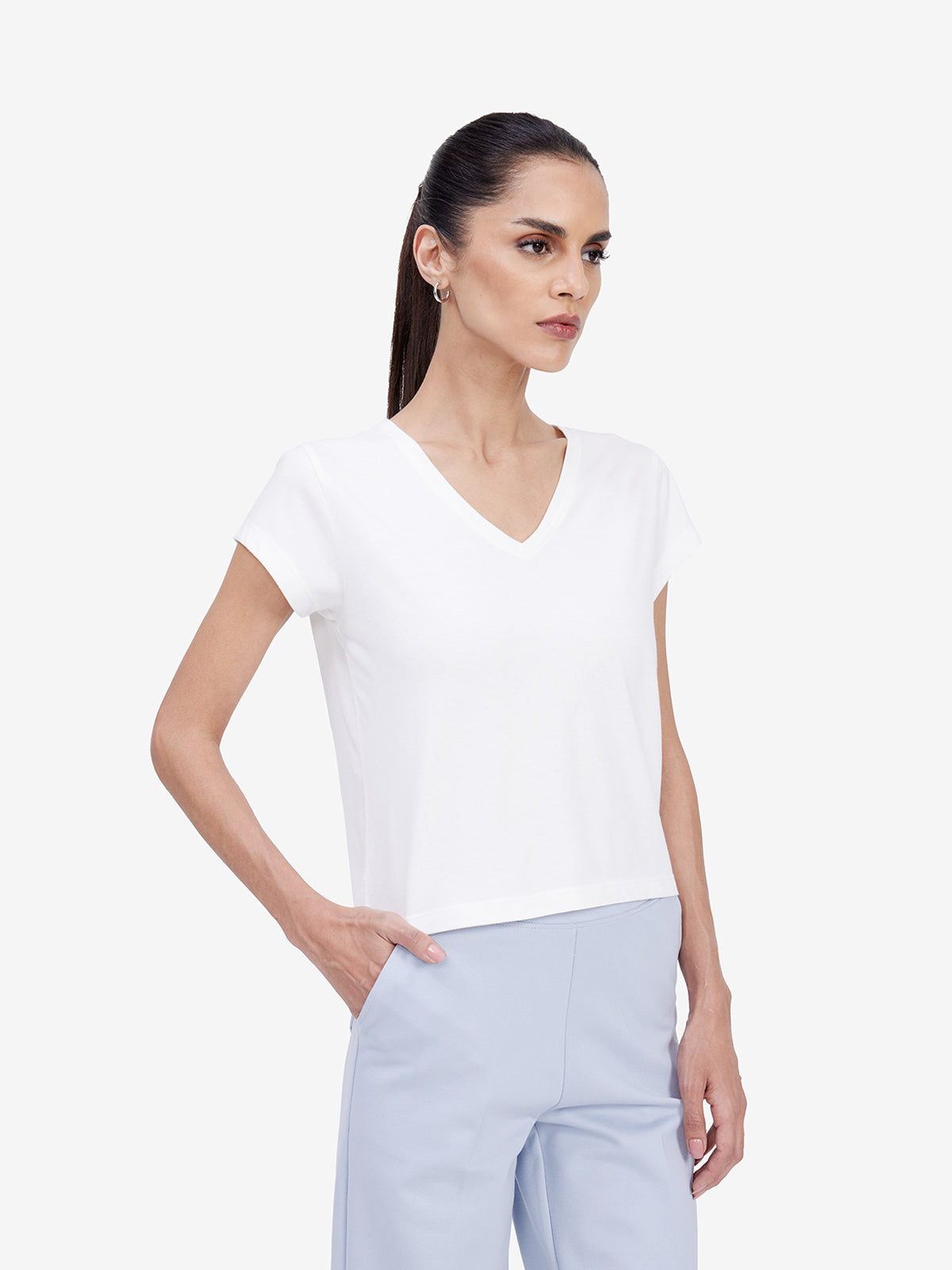 Women White V-Neck T-shirt