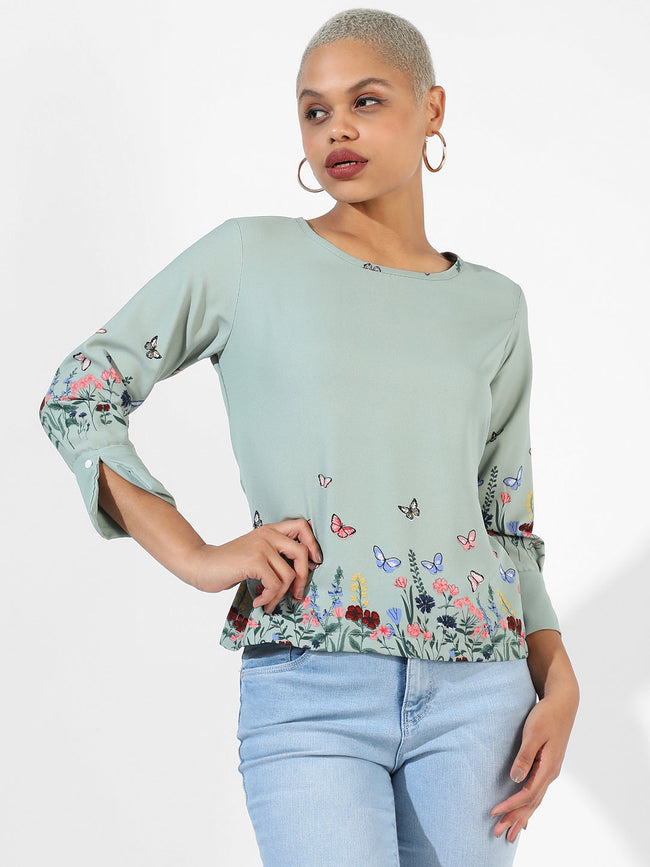 Women Green Printed Regular Fit Top