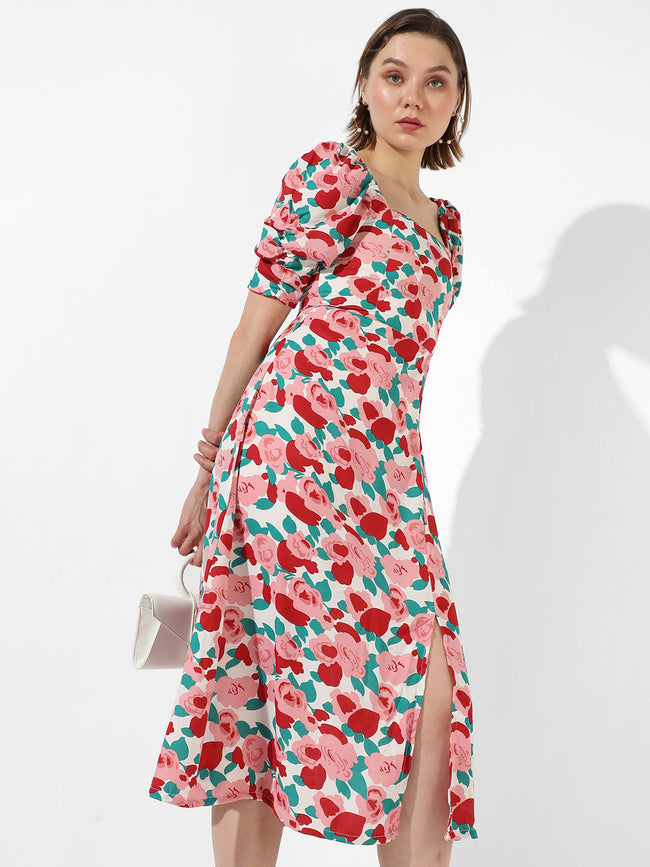 Women Red Roses Midi Dress