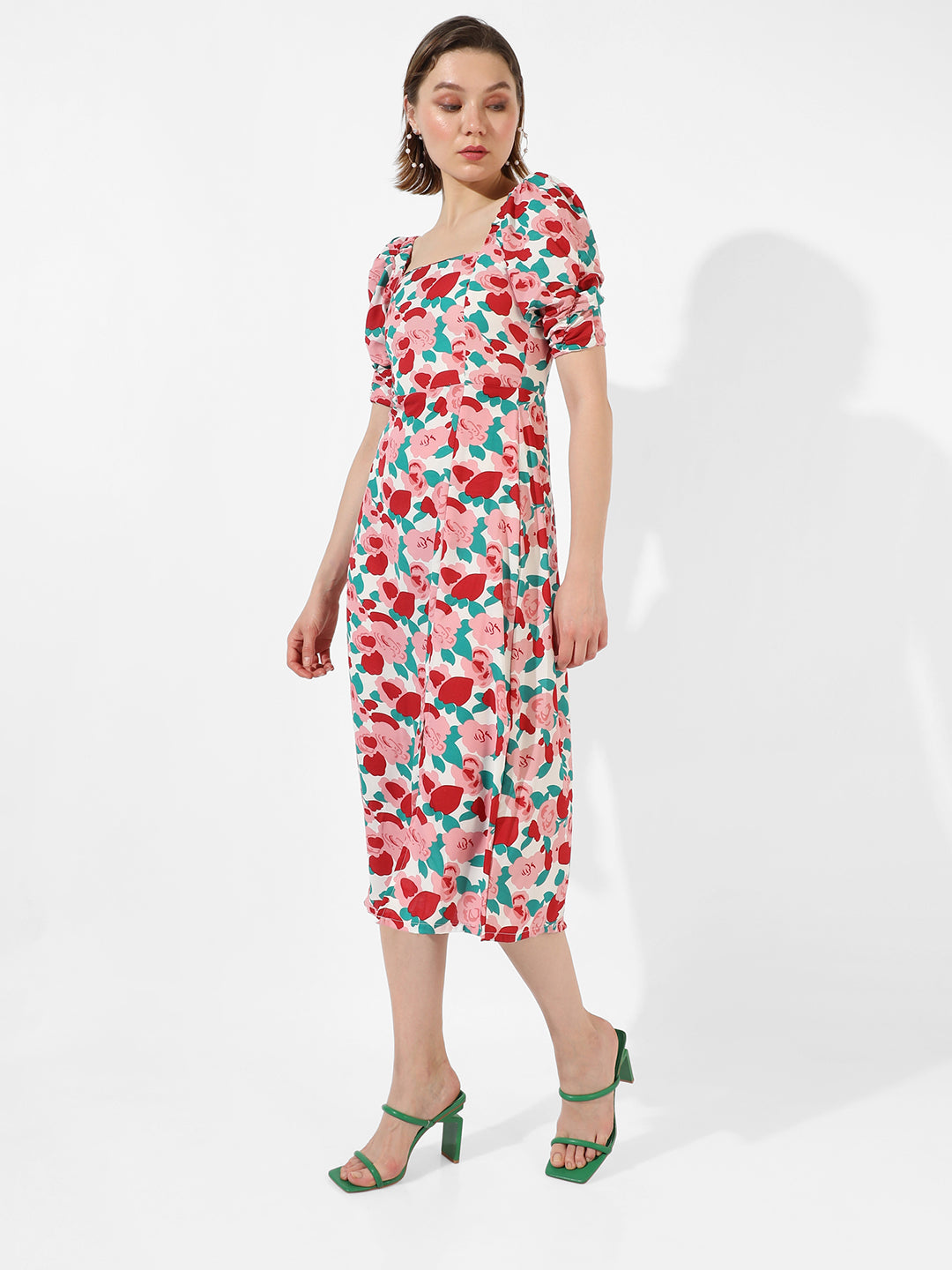 Women Red Roses Midi Dress