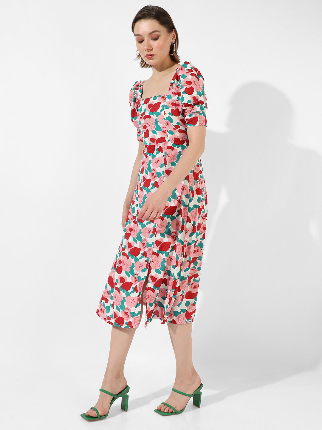 Women Red Roses Midi Dress