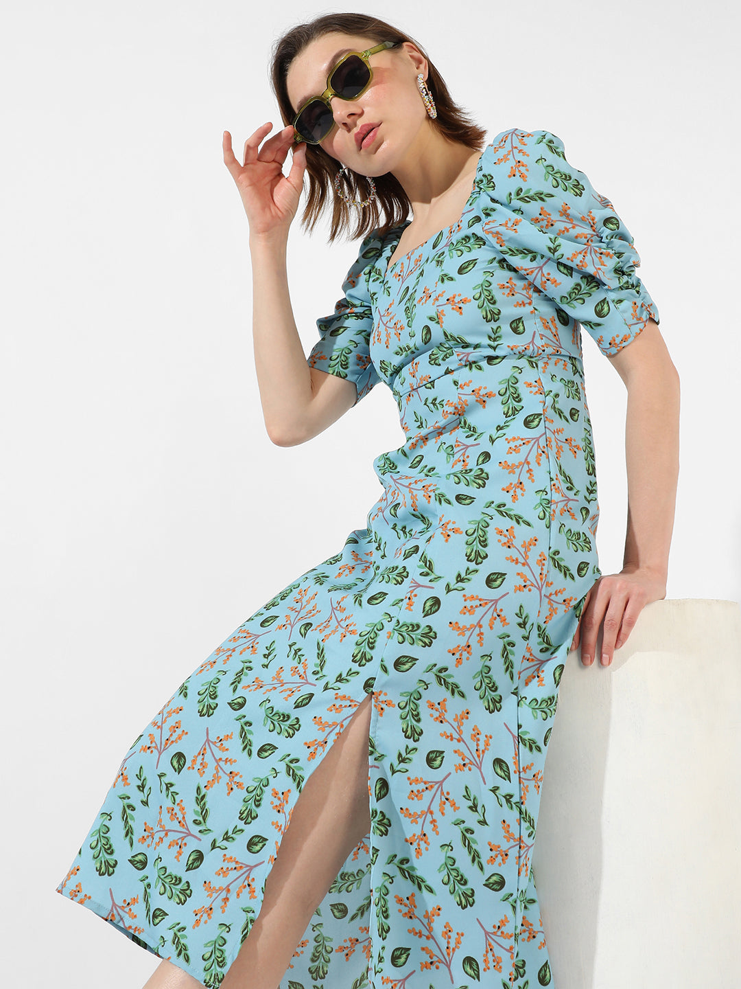 Women Blue Botanical Slit Midi Dress