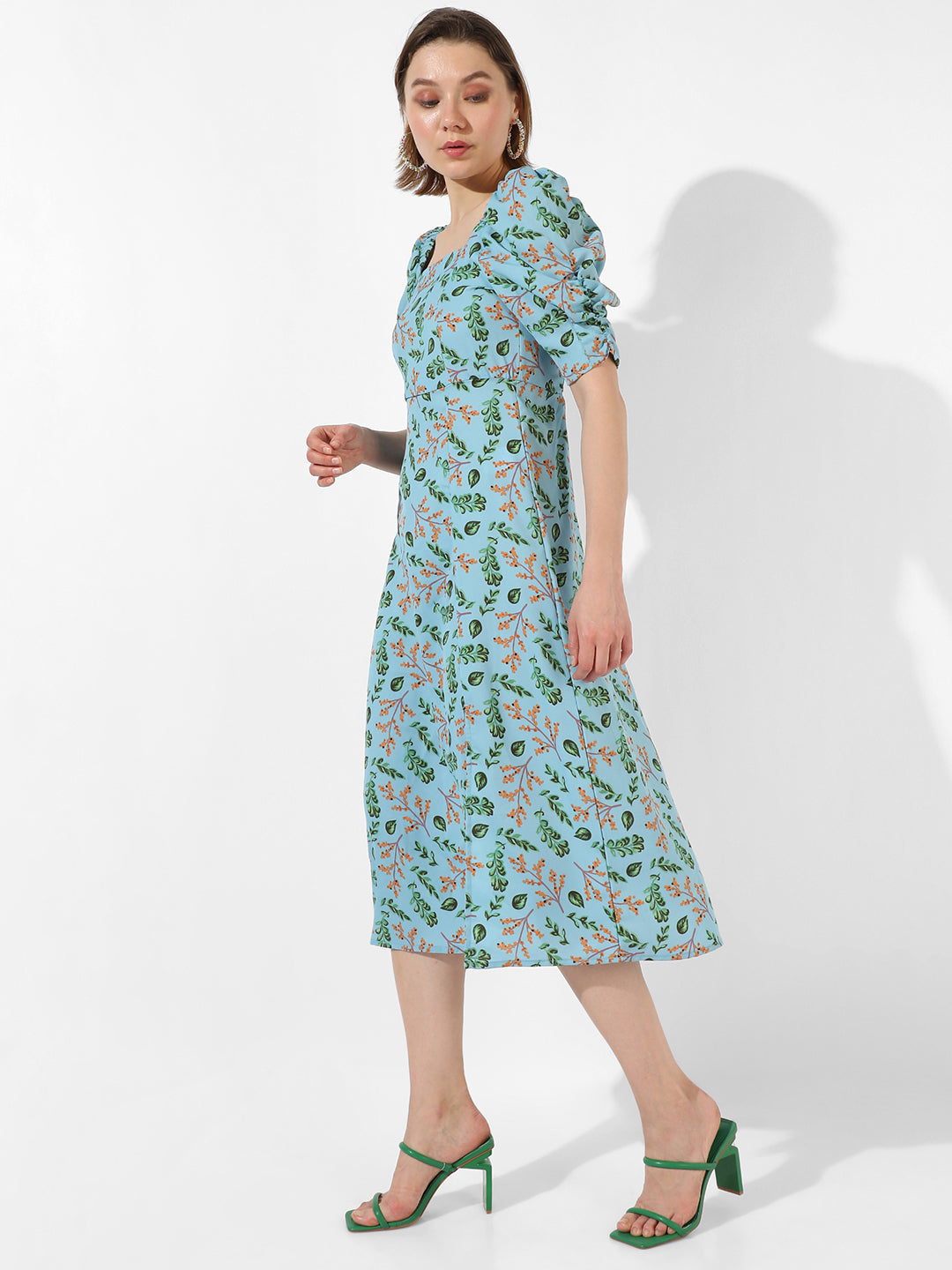 Women Blue Botanical Slit Midi Dress