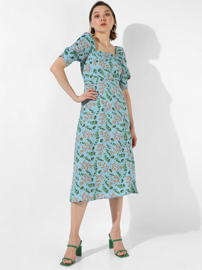 Women Blue Botanical Slit Midi Dress