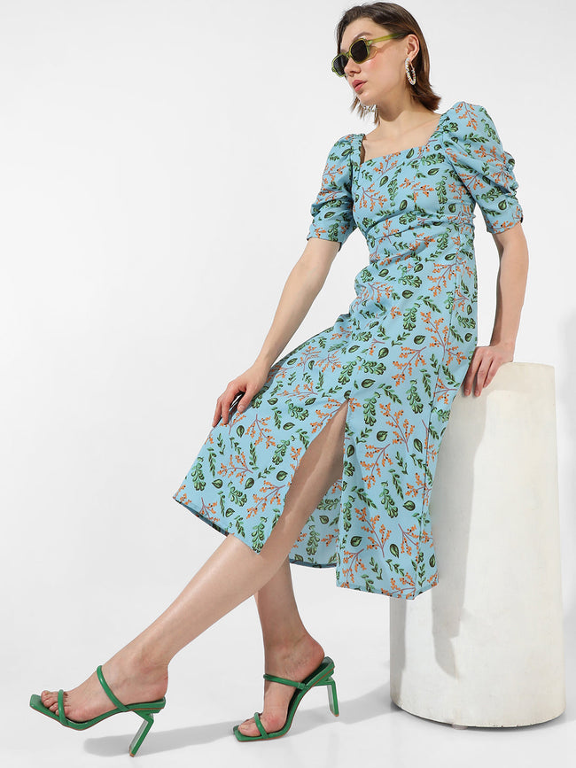 Women Blue Botanical Slit Midi Dress