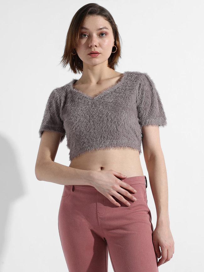 Women Grey Teddy Crop Top