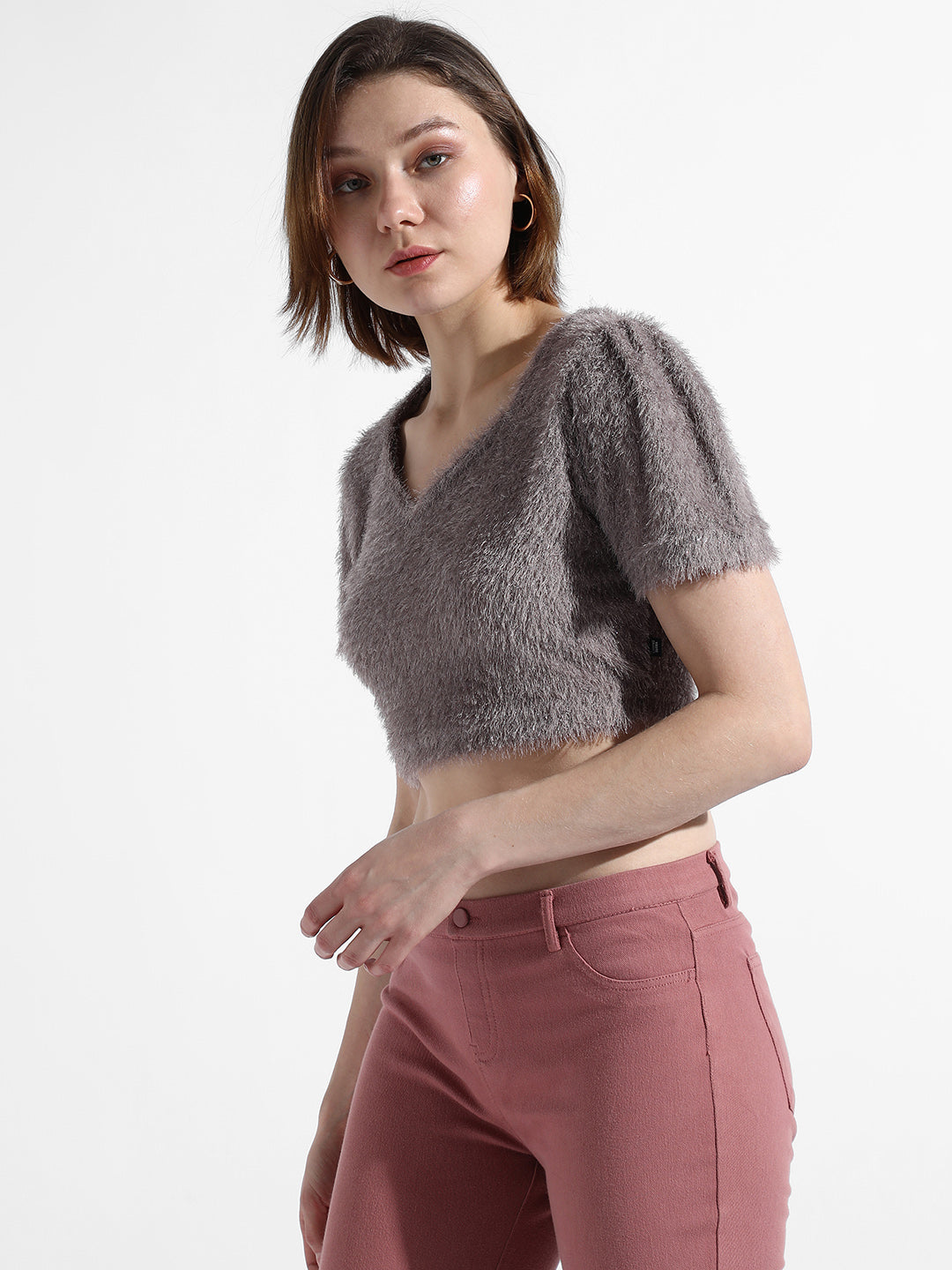 Women Grey Teddy Crop Top