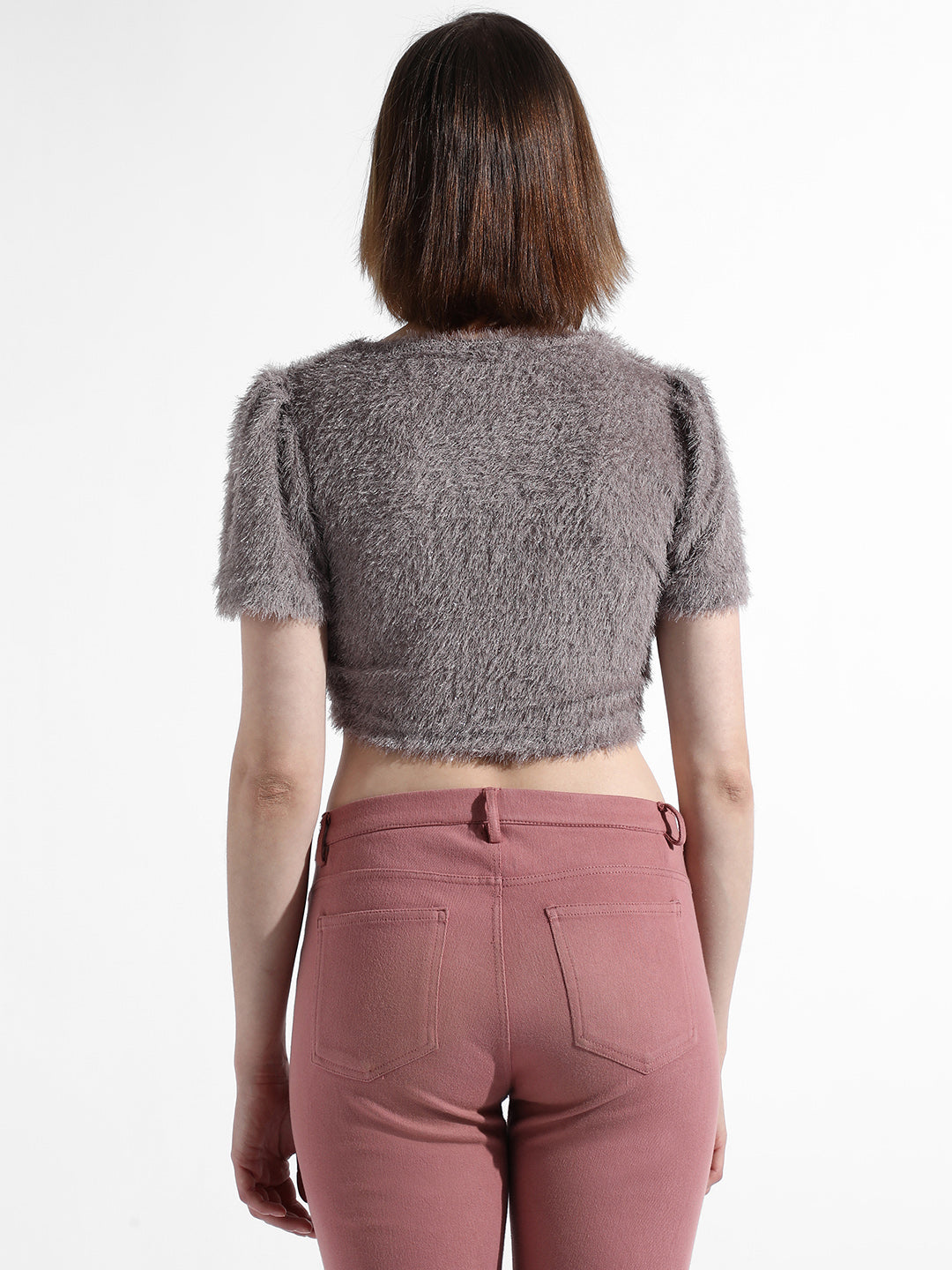Women Grey Teddy Crop Top