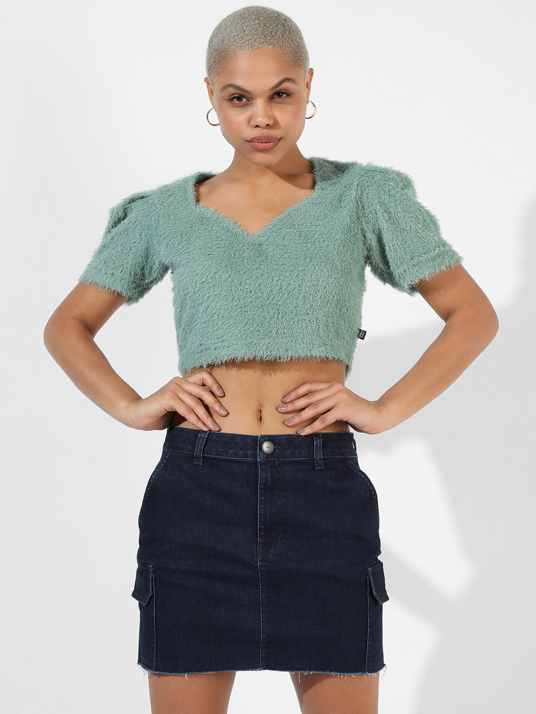 Women Green Teddy Crop Top